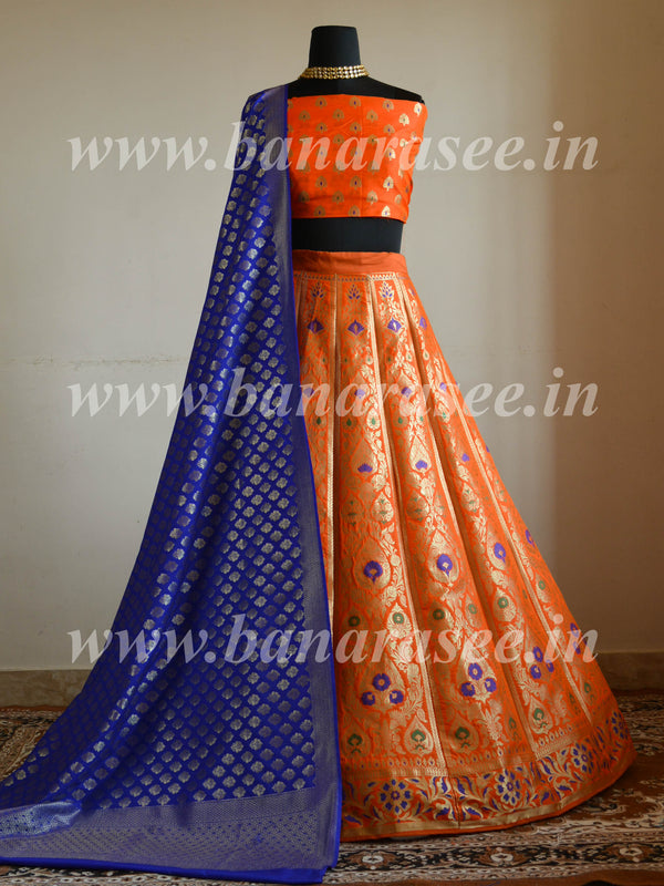 Banarasee Handwoven Art Silk Unstitched Lehenga & Blouse Fabric With Meena Design-Orange
