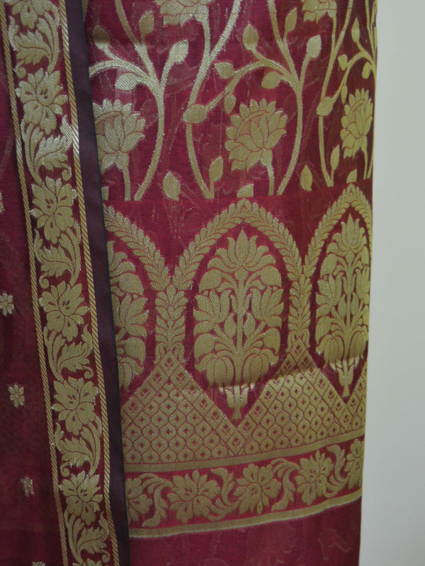 Banarasee Salwar Kameez Cotton Silk Gold Zari Jaal Woven Fabric-Deep Red