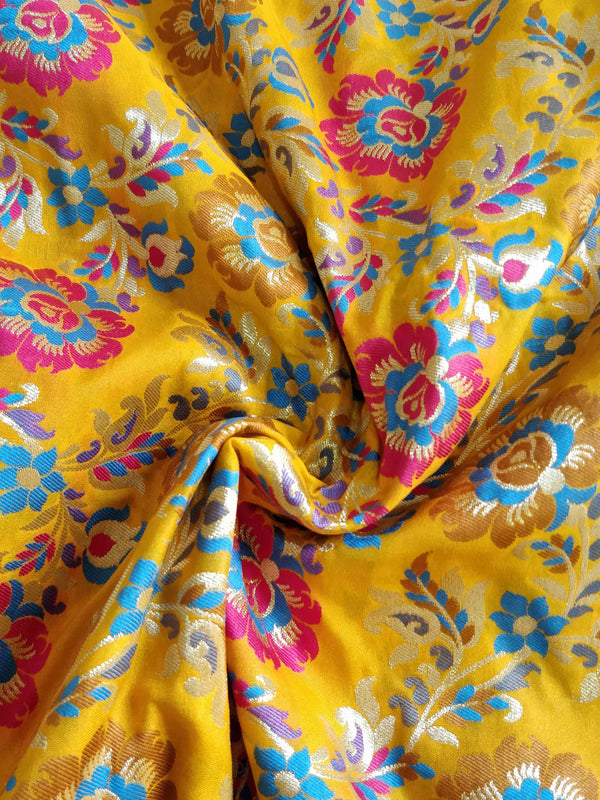 Banarasee Pure Kimkhwab Floral Jaal Semi Silk Fabric-Yellow