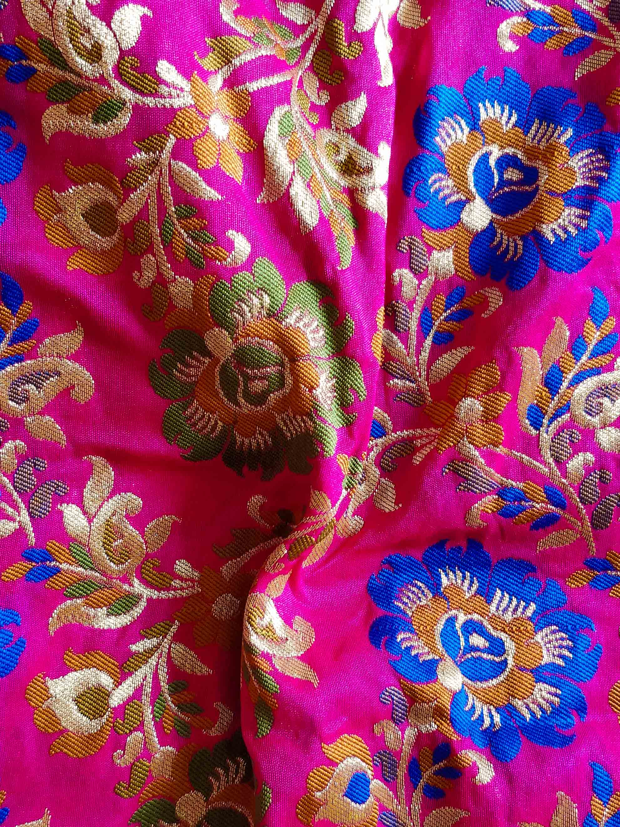 Banarasee Pure Kimkhwab Floral Jaal Semi Silk Fabric-Hot Pink