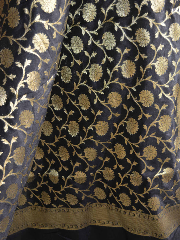 Banarasee Semi Silk Salwar Kameez Fabric With Zari Jaal Dupatta-Black