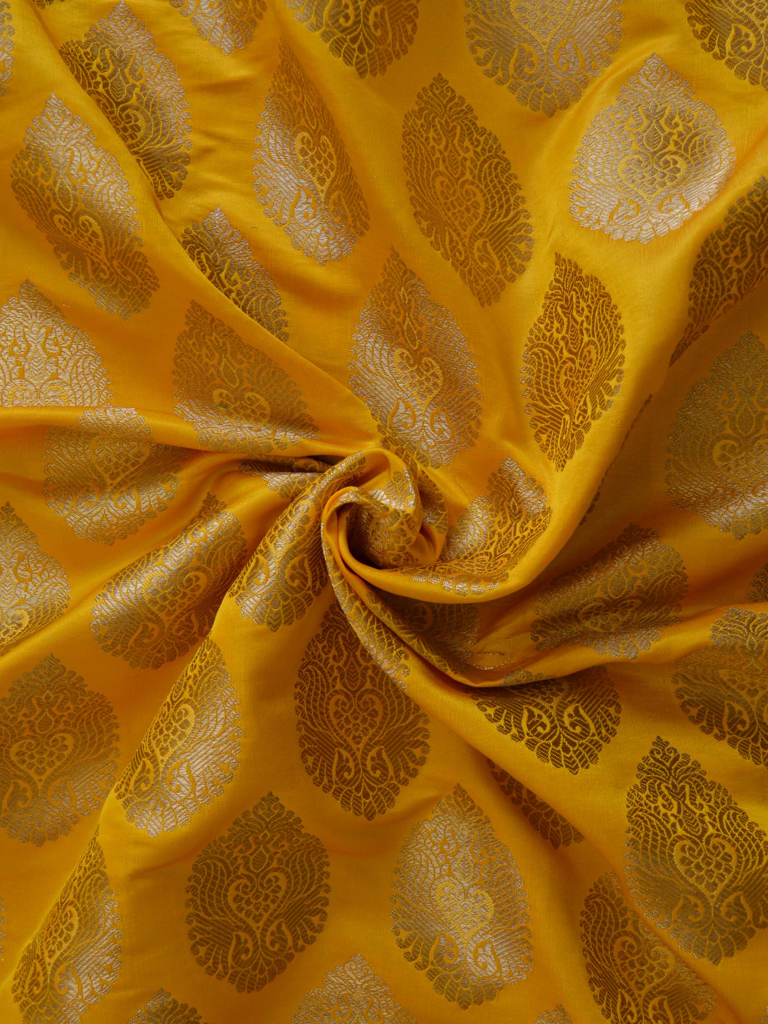 Banarasee Satin Brocade Antique Gold Zari Leaf Buti Design Fabric-Yellow
