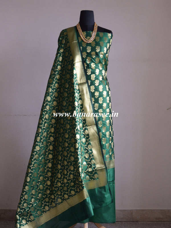 Banarasee Semi Silk Salwar Kameez Fabric With Zari Jaal Dupatta-Green