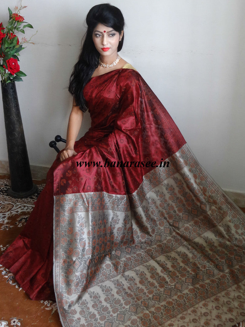 Banarasee Art Silk Saree With Floral Woven Design Contrast Pallu-Maroon