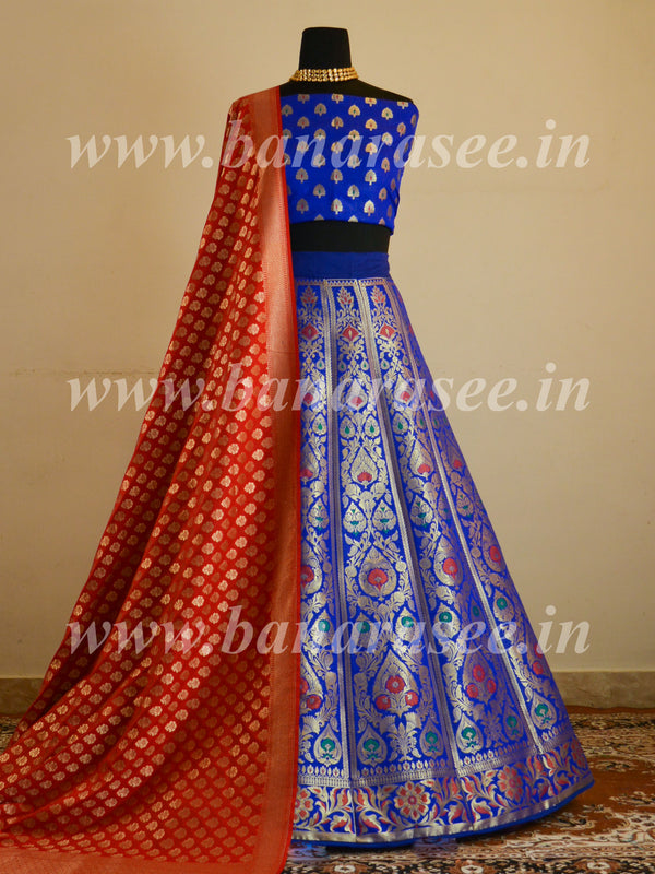 Banarasee Handwoven Art Silk Unstitched Lehenga & Blouse Fabric With Meena Design-Royal Blue