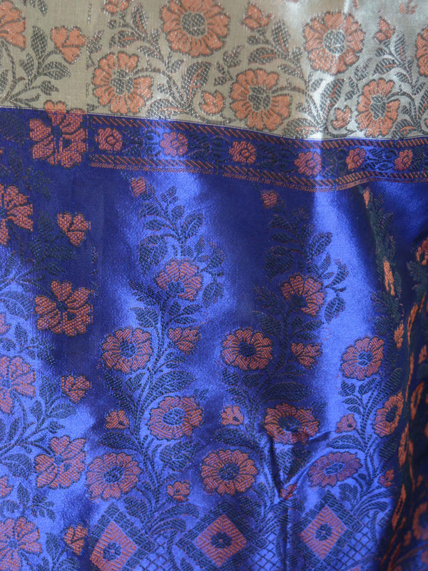 Banarasee Art Silk Saree With Floral Woven Design Contrast Blue Pallu-Beige