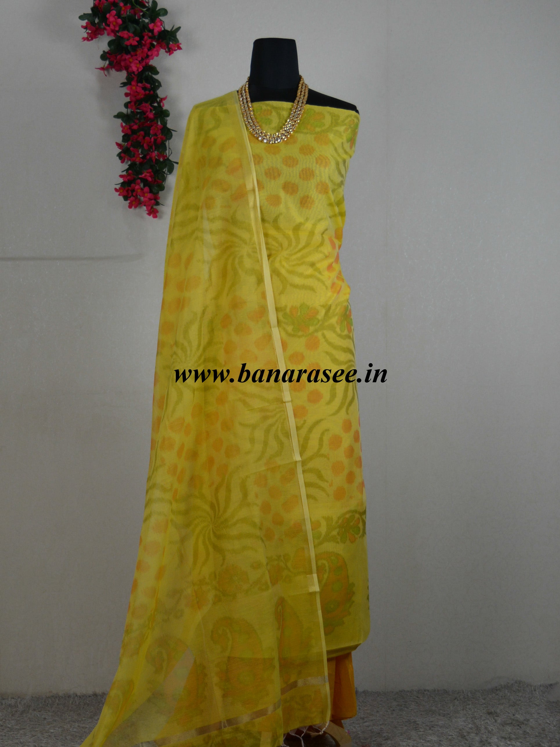 Banarasee Cotton Salwar Kameez Printed Fabric-Yellow