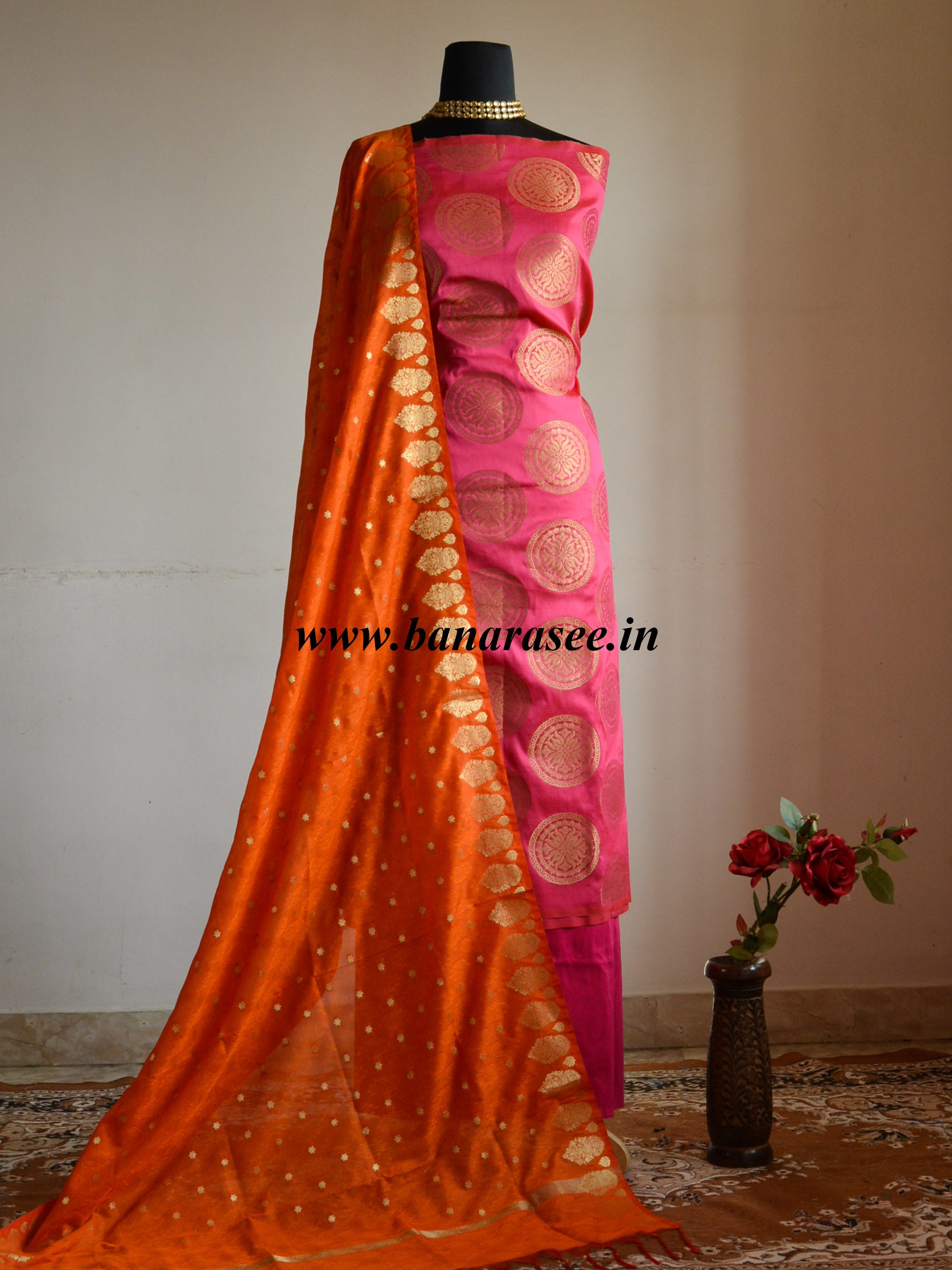 Banarasee Semi Silk Salwar Kameez Fabric With Orange Art Silk Dupatta-Hot Pink