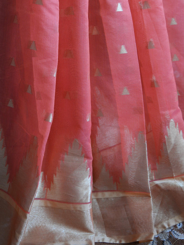 Banarasee Chanderi Cotton Zari Buti & Temple Border-Peach