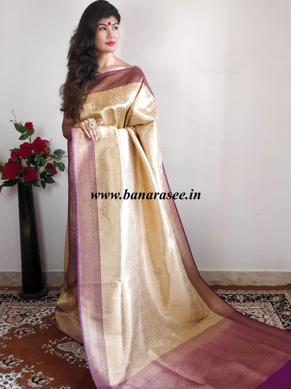 Banarasee Handwoven Art Silk Heavy Zari Jaal Weaving Saree With Purple Pallu & Blouse-Gold