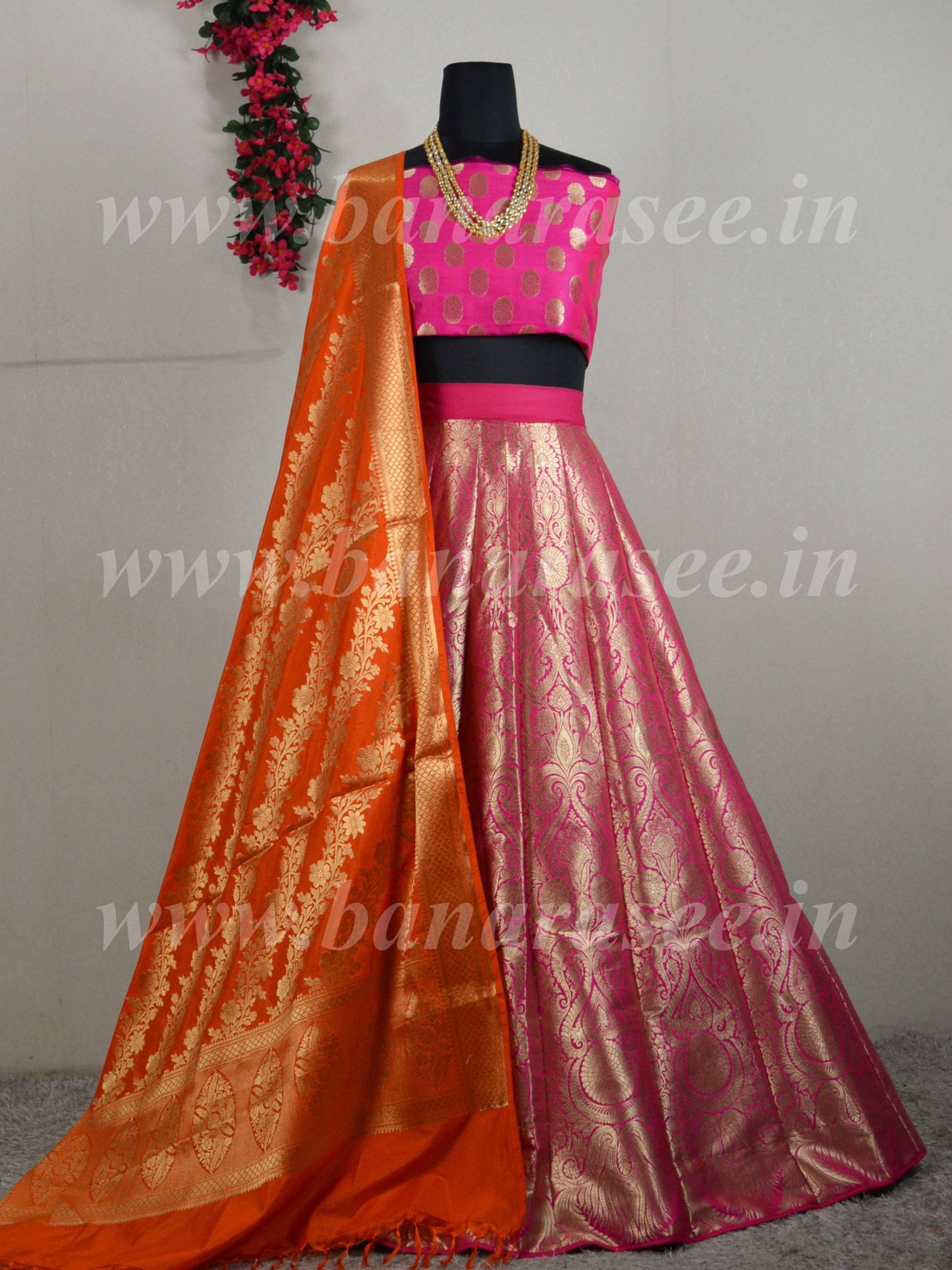 Banarasee Handwoven Art Silk Unstitched Lehenga & Blouse Fabric With Orange Dupatta-Hot Pink