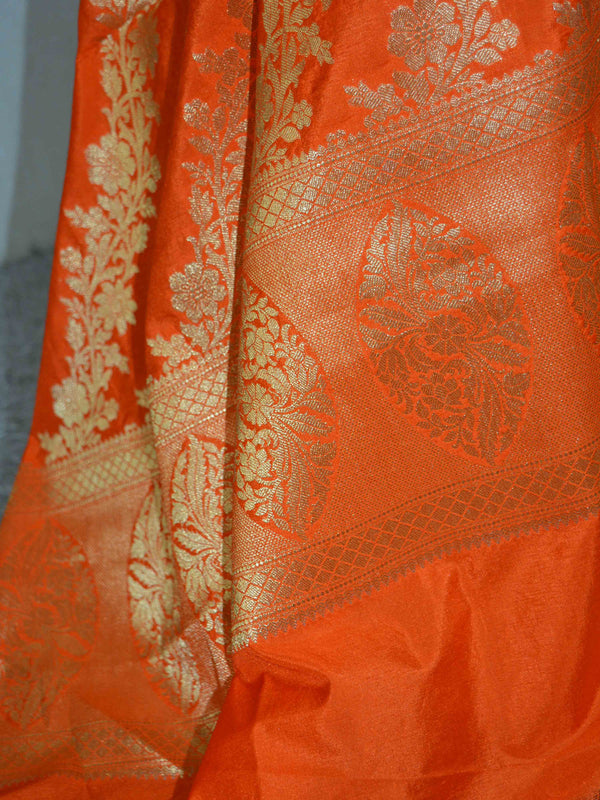 Banarasee Handwoven Art Silk Unstitched Lehenga & Blouse Fabric With Orange Dupatta-Hot Pink