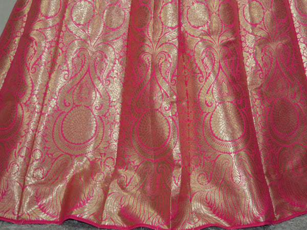 Banarasee Handwoven Art Silk Unstitched Lehenga & Blouse Fabric With Orange Dupatta-Hot Pink