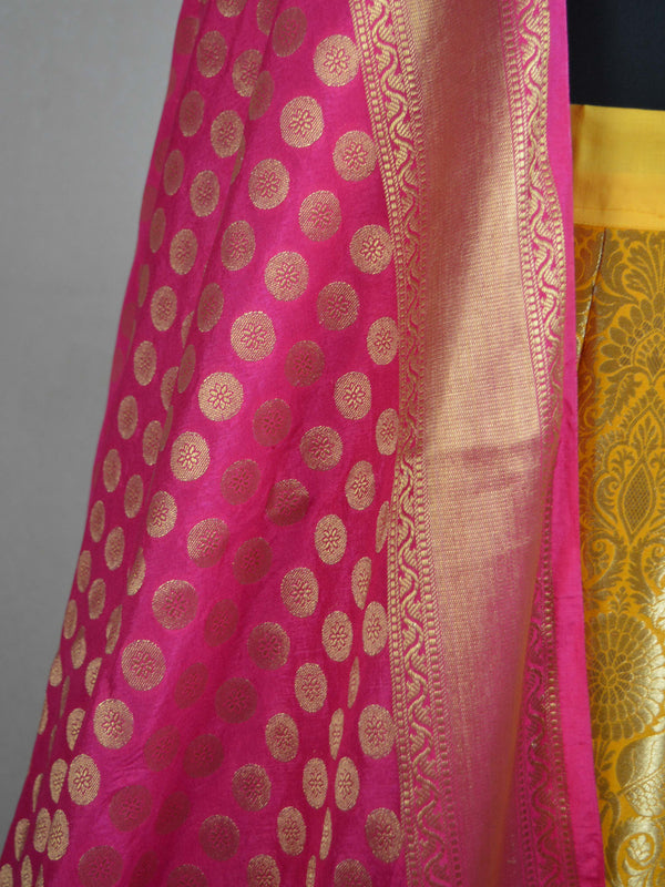 Banarasee Handwoven Art Silk Unstitched Lehenga & Blouse Fabric With Pink Dupatta-Yellow
