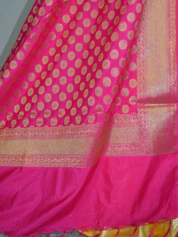 Banarasee Handwoven Art Silk Unstitched Lehenga & Blouse Fabric With Pink Dupatta-Yellow