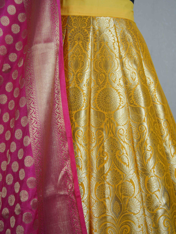 Banarasee Handwoven Art Silk Unstitched Lehenga & Blouse Fabric With Pink Dupatta-Yellow