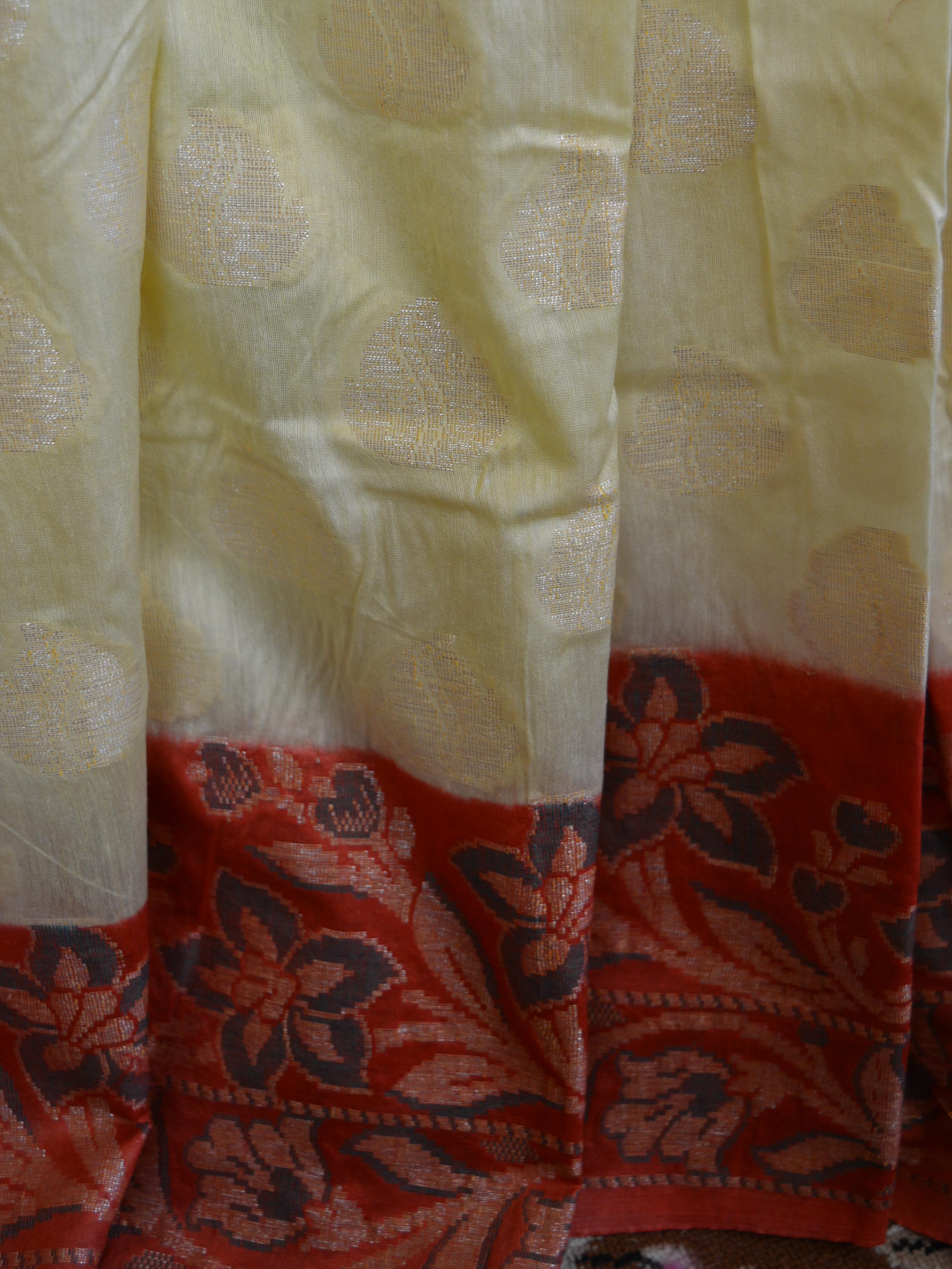 Banarasee Cotton Silk Saree With Zari Buti & Border-Yellow & Red