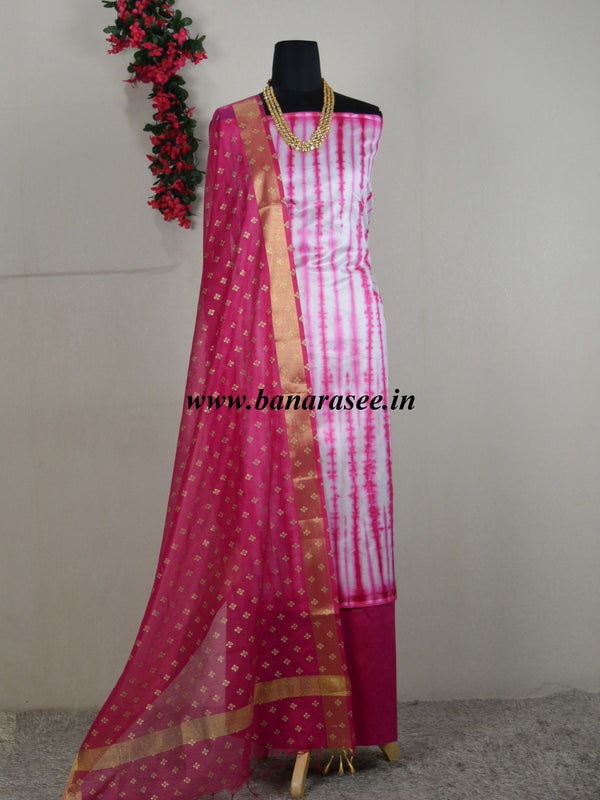 Banarasee Shibori Dyed Chanderi Salwar Kameez Fabric With Contrast Gold Print Dupatta-Off White