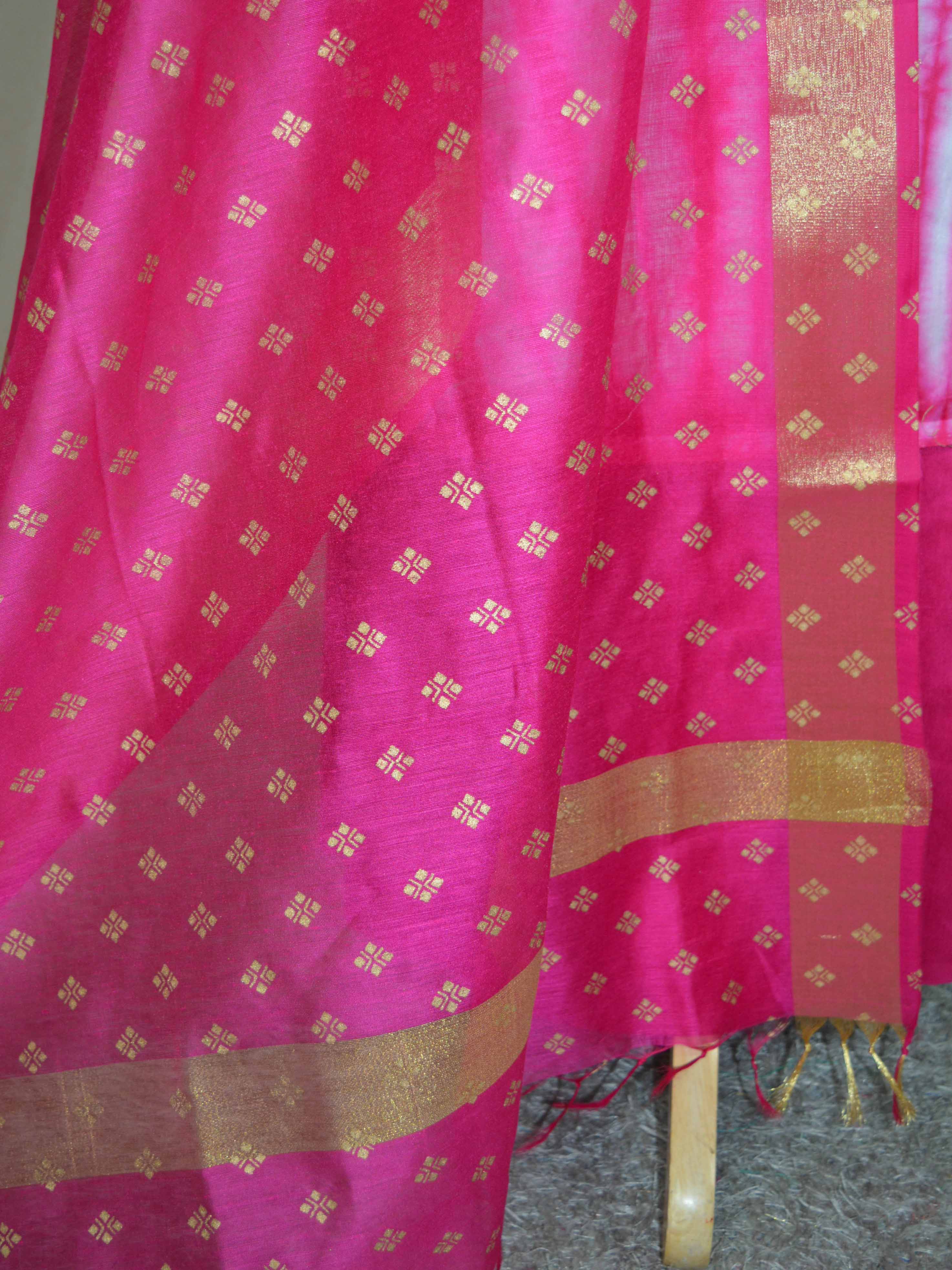 Banarasee Shibori Dyed Chanderi Salwar Kameez Fabric With Contrast Gold Print Dupatta-Off White