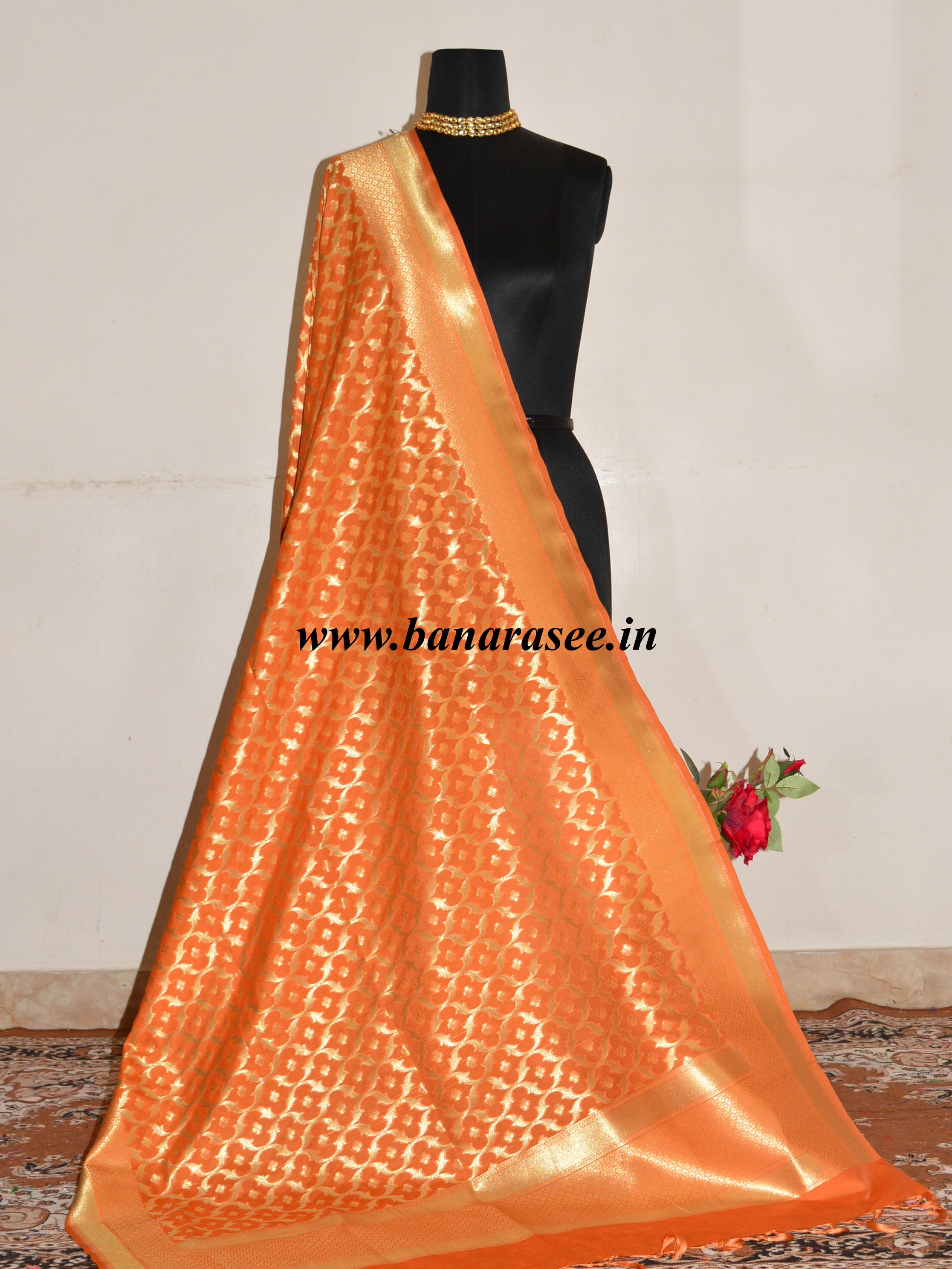 Banarasee Art Silk Dupatta Jaal Design Design-Orange
