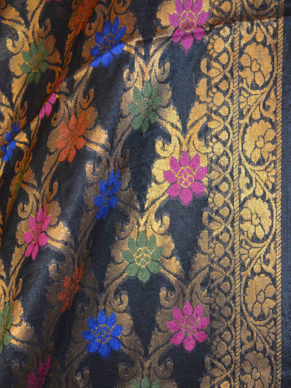 Banarasee Pure Tussar Silk Multicolor Floral Jaal Dupatta-Black