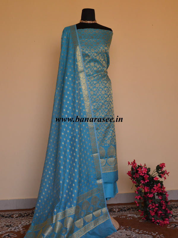 Banarasee Salwar Kameez Cotton Silk Gold Zari Buti Woven Fabric-Sky Blue