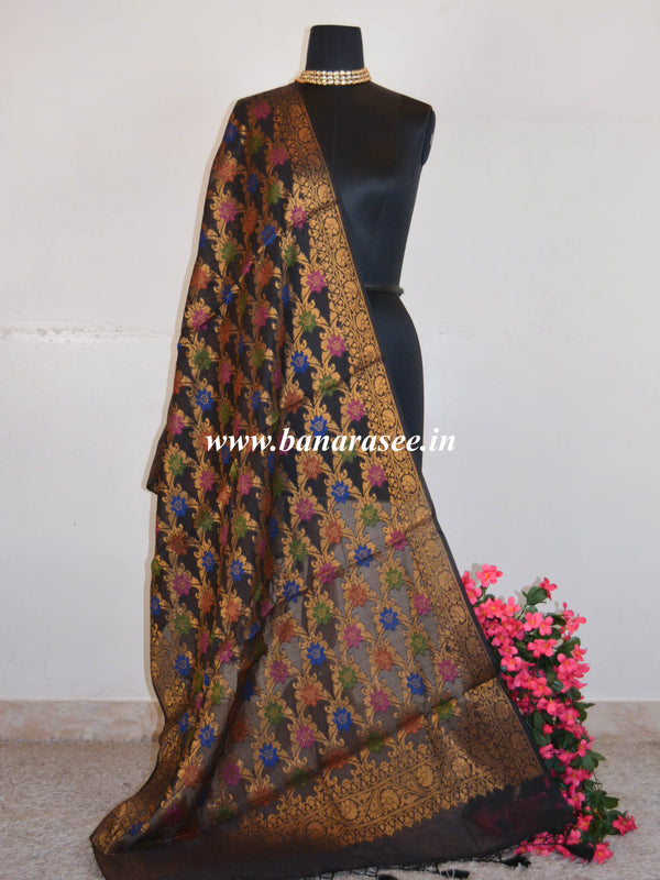 Banarasee Pure Tussar Silk Multicolor Floral Jaal Dupatta-Black