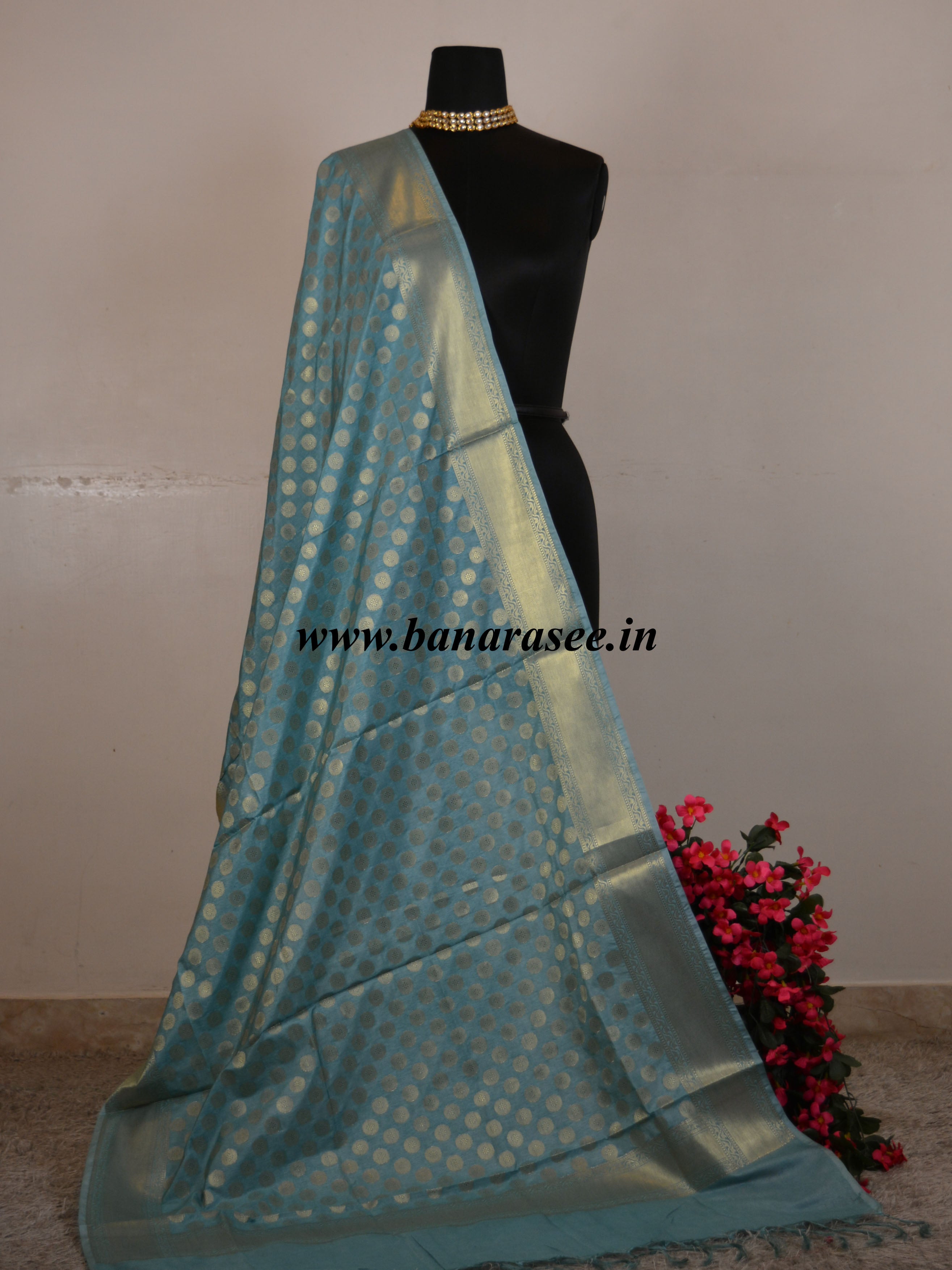 Banarasee Art Silk Dupatta Small Buti Design-Pastel Blue