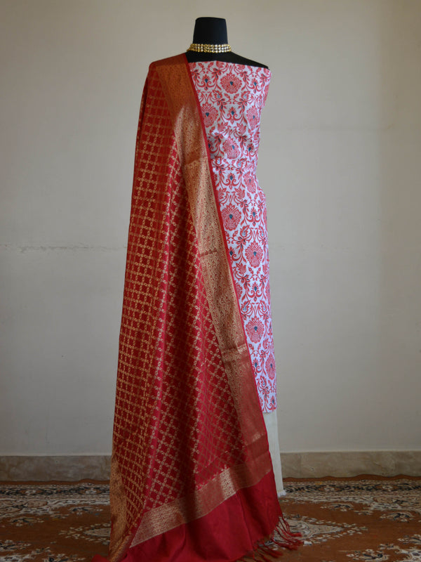 Banarasee Salwar Kameez Soft Cotton Ghicha Jaal Fabric & Dupatta-Red &