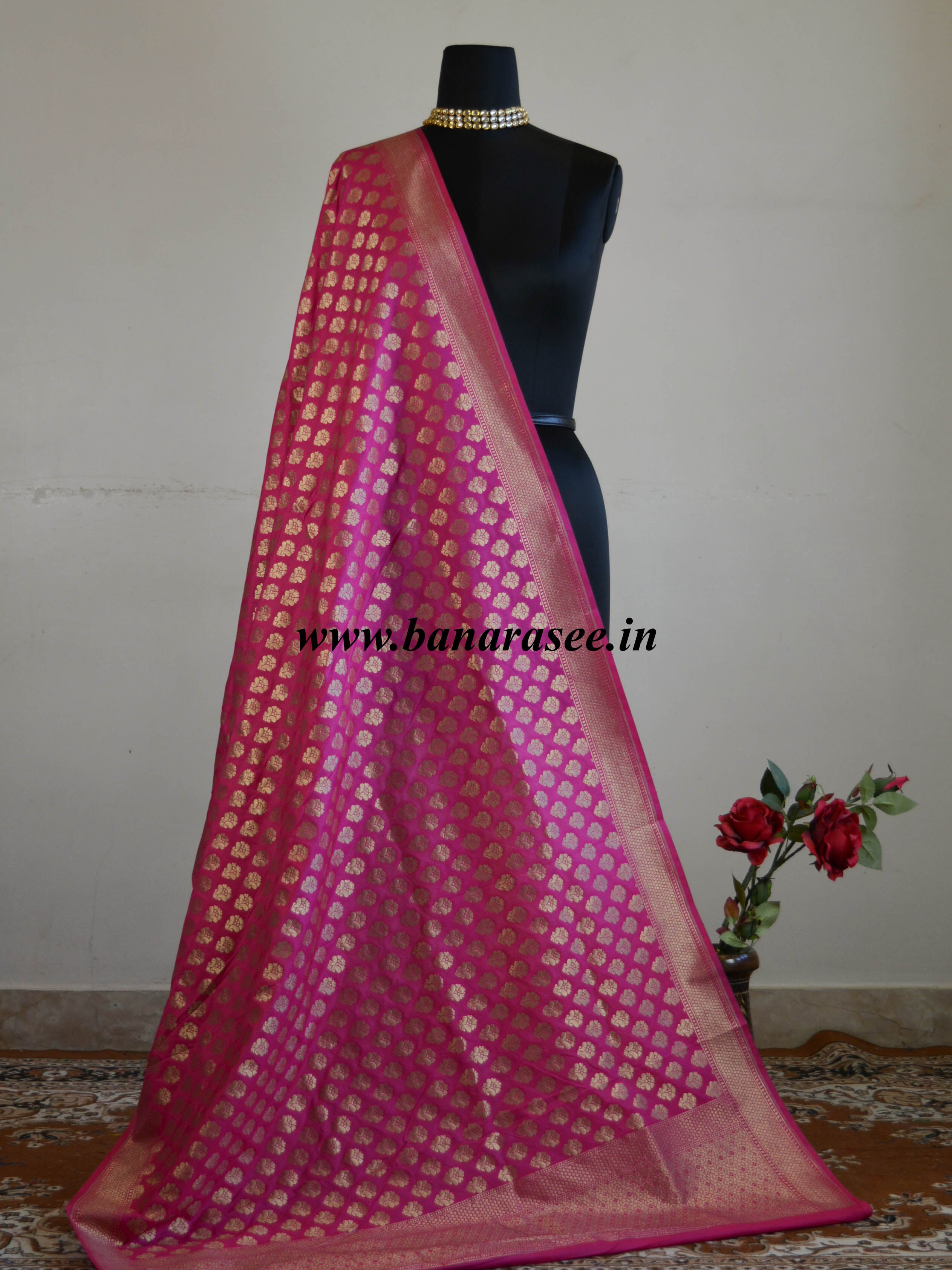 Banarasee Art Silk Buti Design-Hot Pink