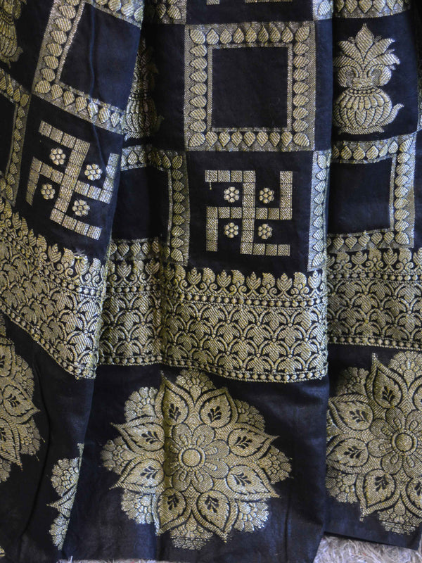 Banarasee Cotton Silk Zari Woven Swastik Design Saree-Black