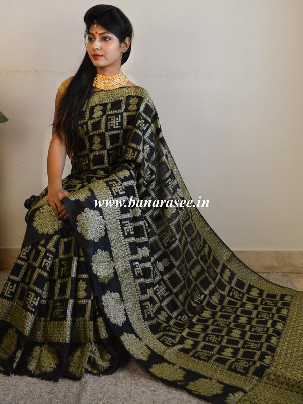 Banarasee Cotton Silk Zari Woven Swastik Design Saree-Black