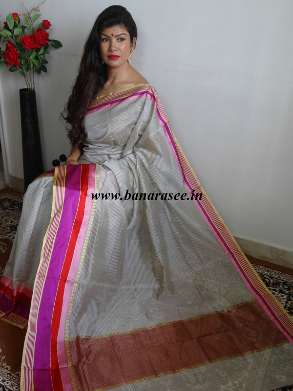 Banarasee Cotton Silk Mix Saree With Stripes Design & Pink Satin Border-Off-White