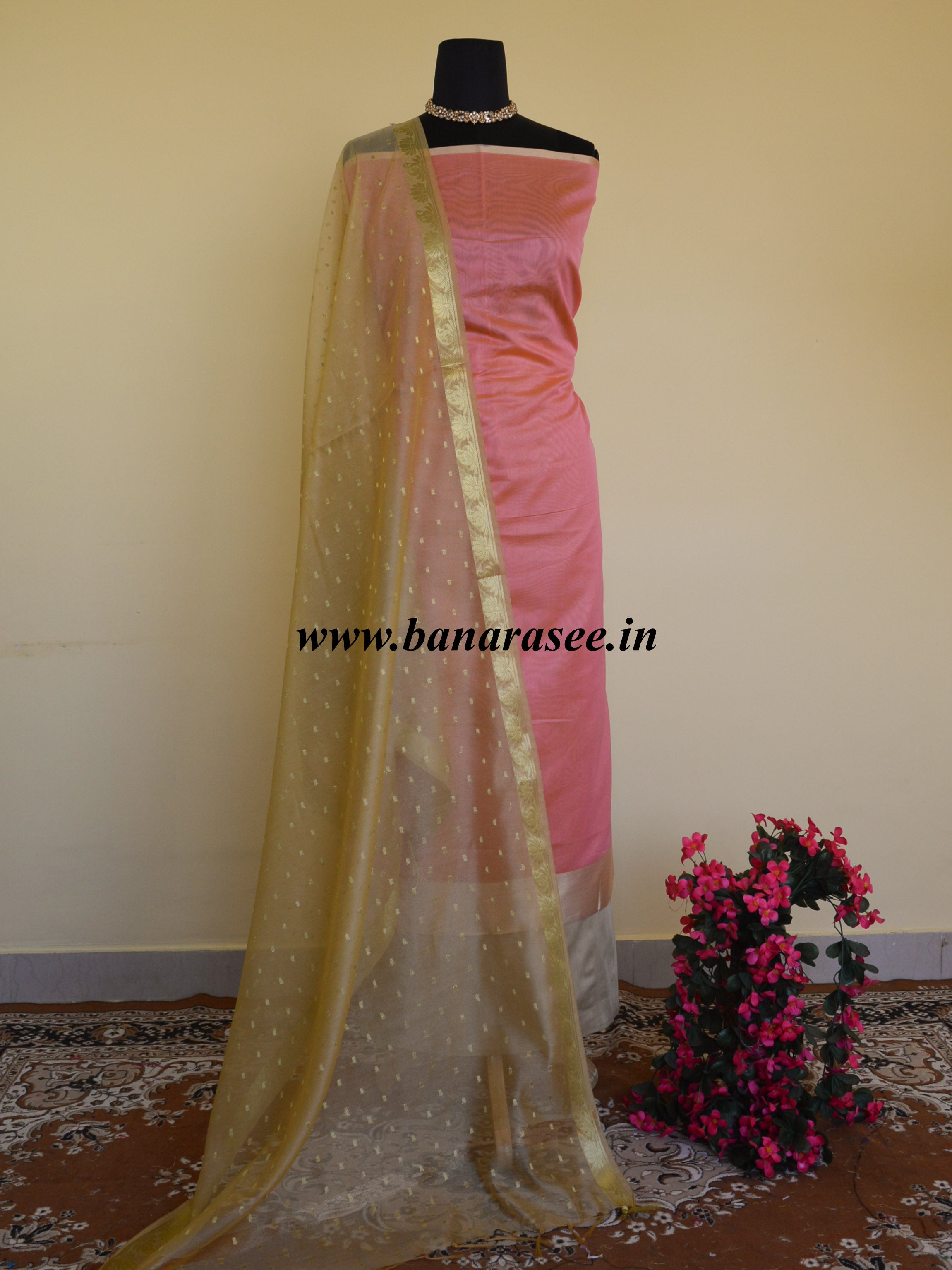 Banarasee Chanderi Cotton Salwar Kameez Fabric With Contrast Dupatta-Peach