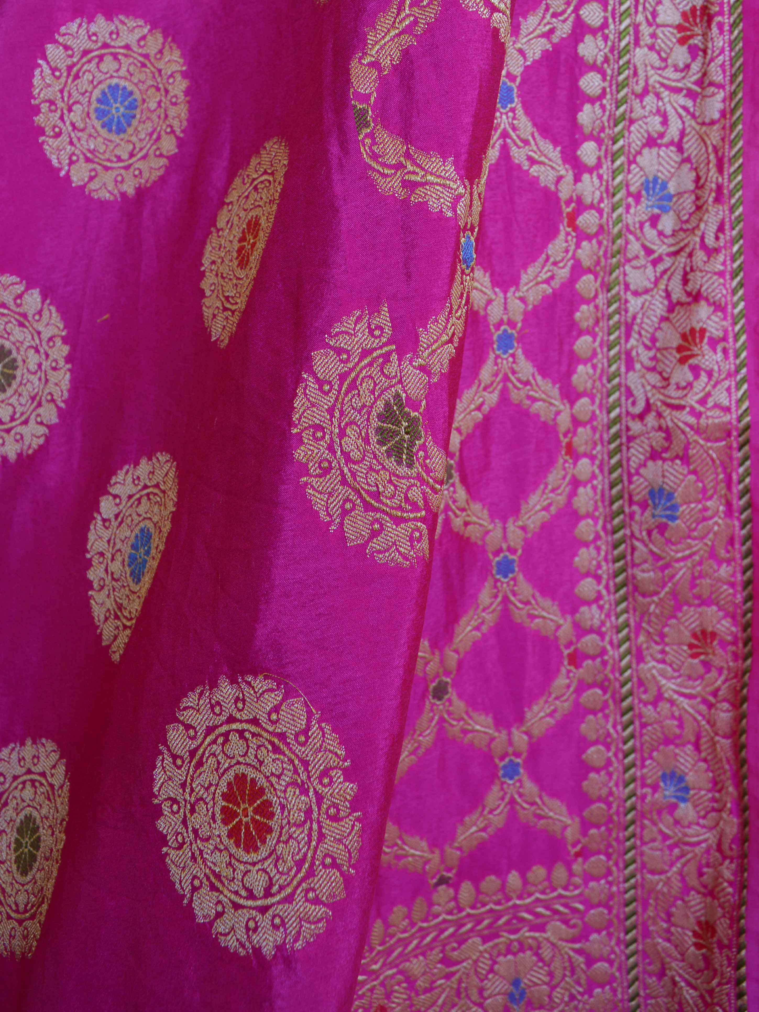 Banarasee Salwar Kameez Glossy Semi Silk Zari & Meena Buta Work Fabric-Magenta