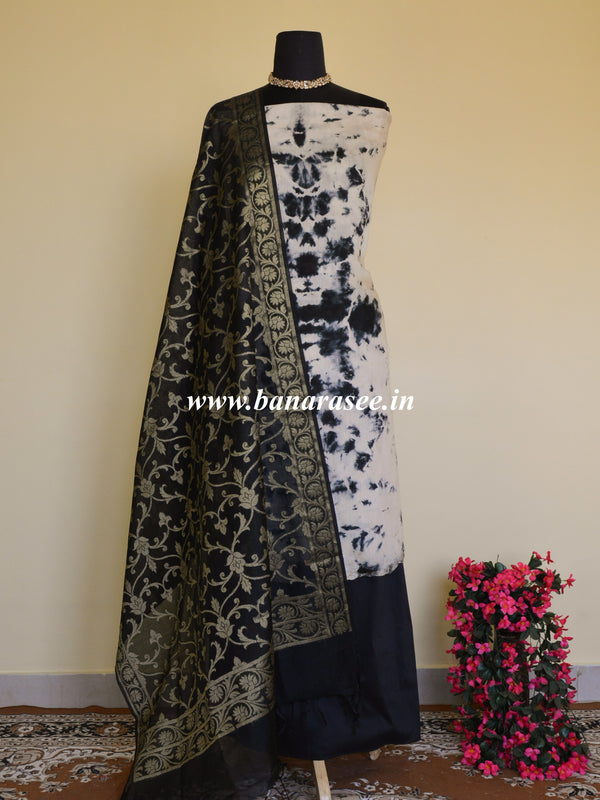 Banarasee Shibori Dyed Chanderi Salwar Kameez Fabric With Black Contrast Dupatta-Off White