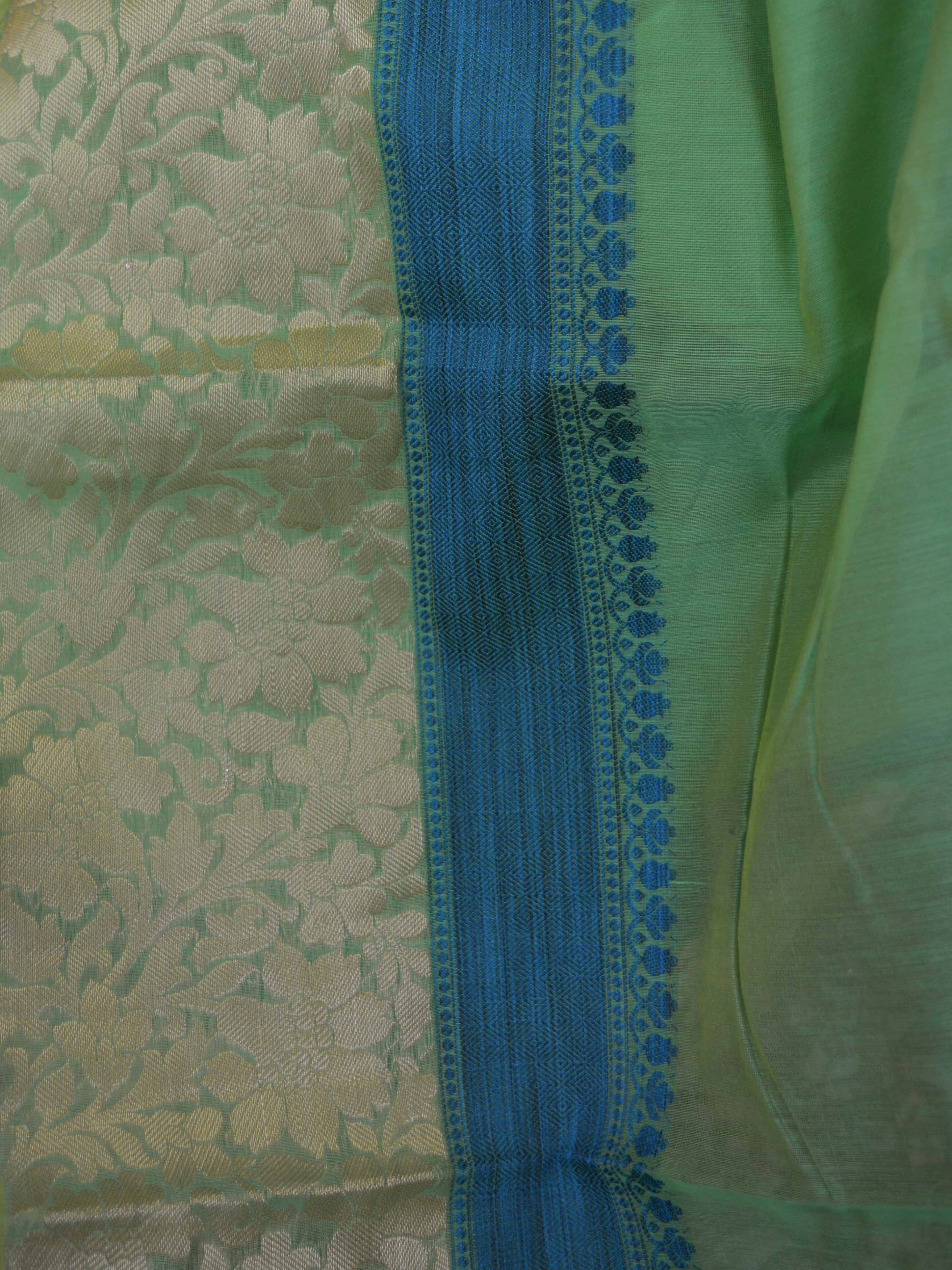 Banarasee Cotton Silk Mix Saree With Floral Resham & Zari Border-Green