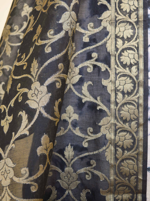 Banarasee Shibori Dyed Chanderi Salwar Kameez Fabric With Black Contrast Dupatta-Off White