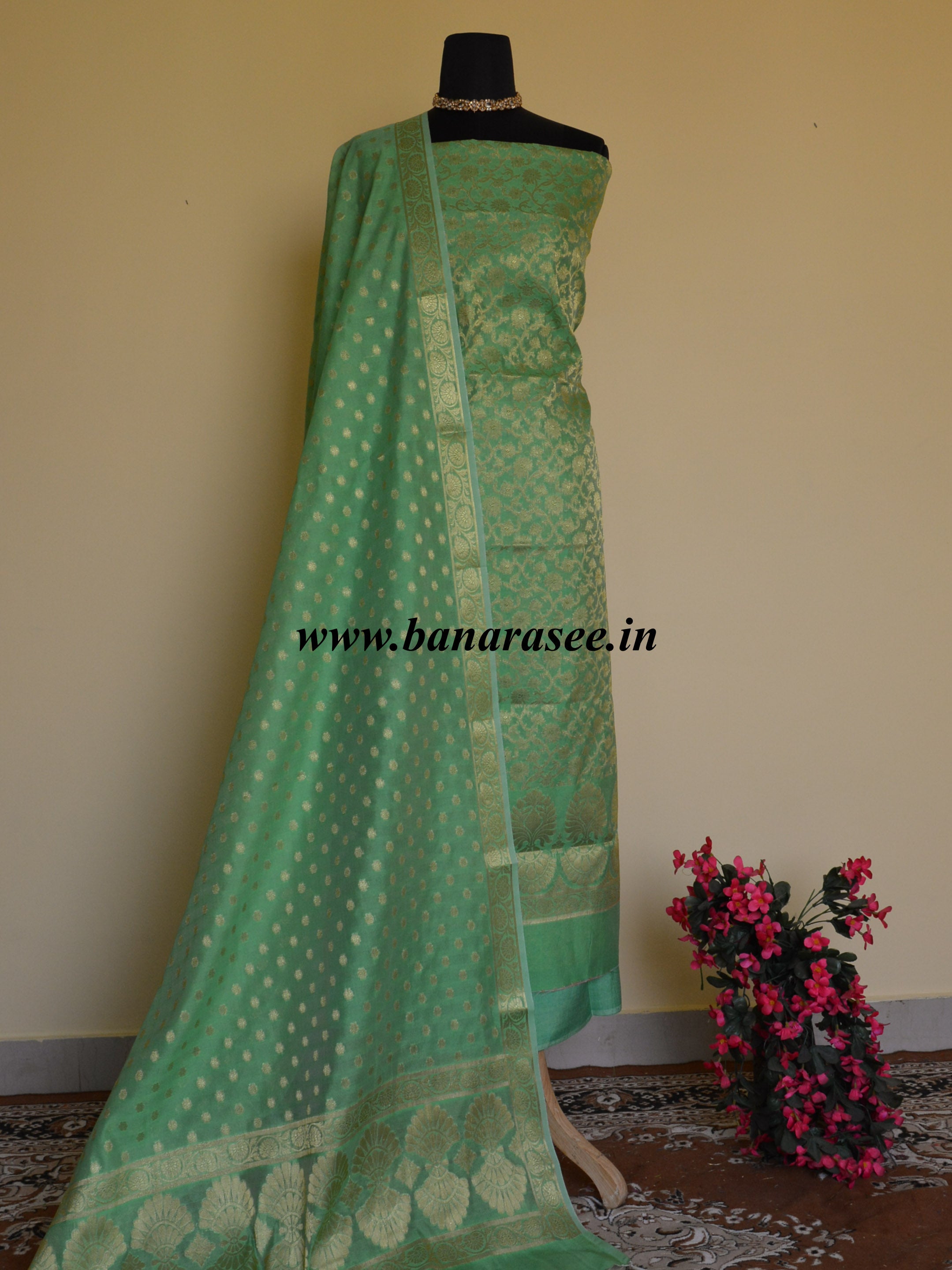 Banarasee Salwar Kameez Cotton Silk Gold Zari Buti Woven Fabric-Bright Green