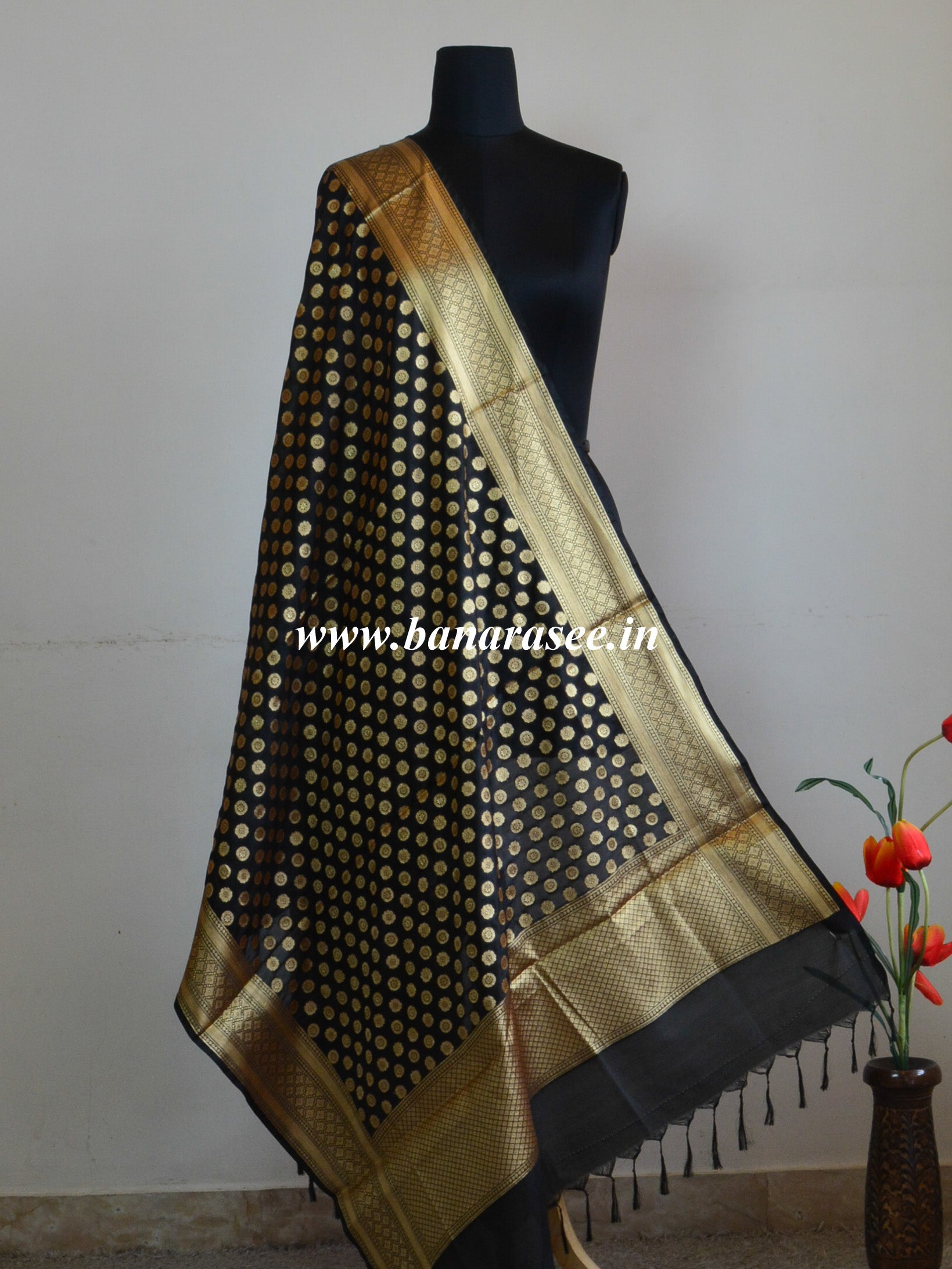 Art Silk Dupatta Small Buti Design-Black