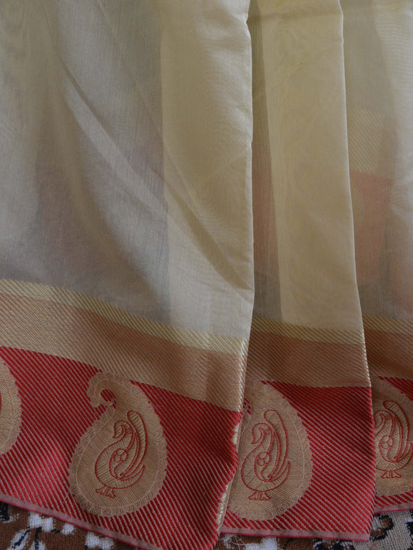 Banarasee Cotton Silk Saree With Contrast Peacock Red Resham Border-Beige