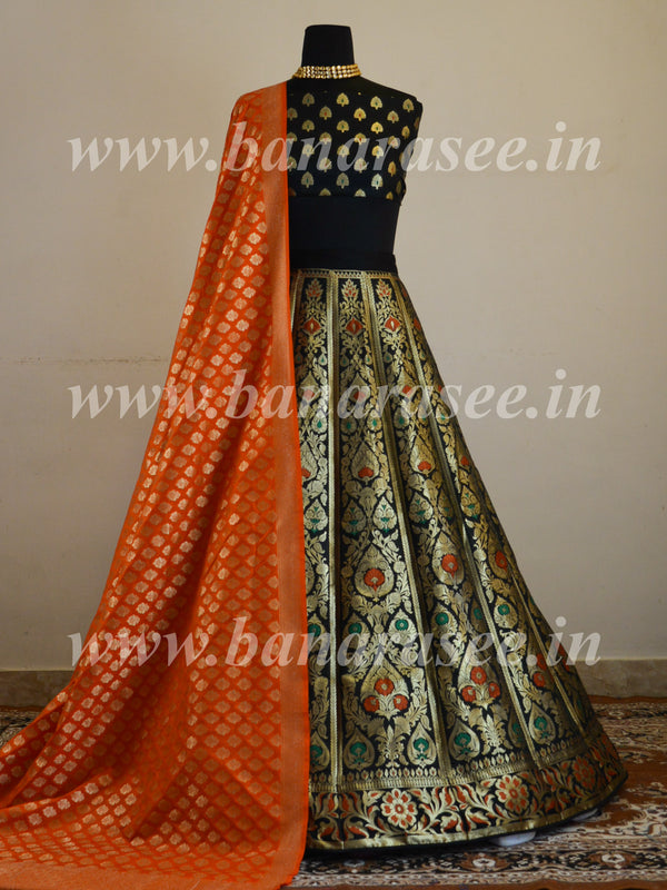 Banarasee Handwoven Art Silk Unstitched Lehenga & Blouse Fabric With Meena Design-Black