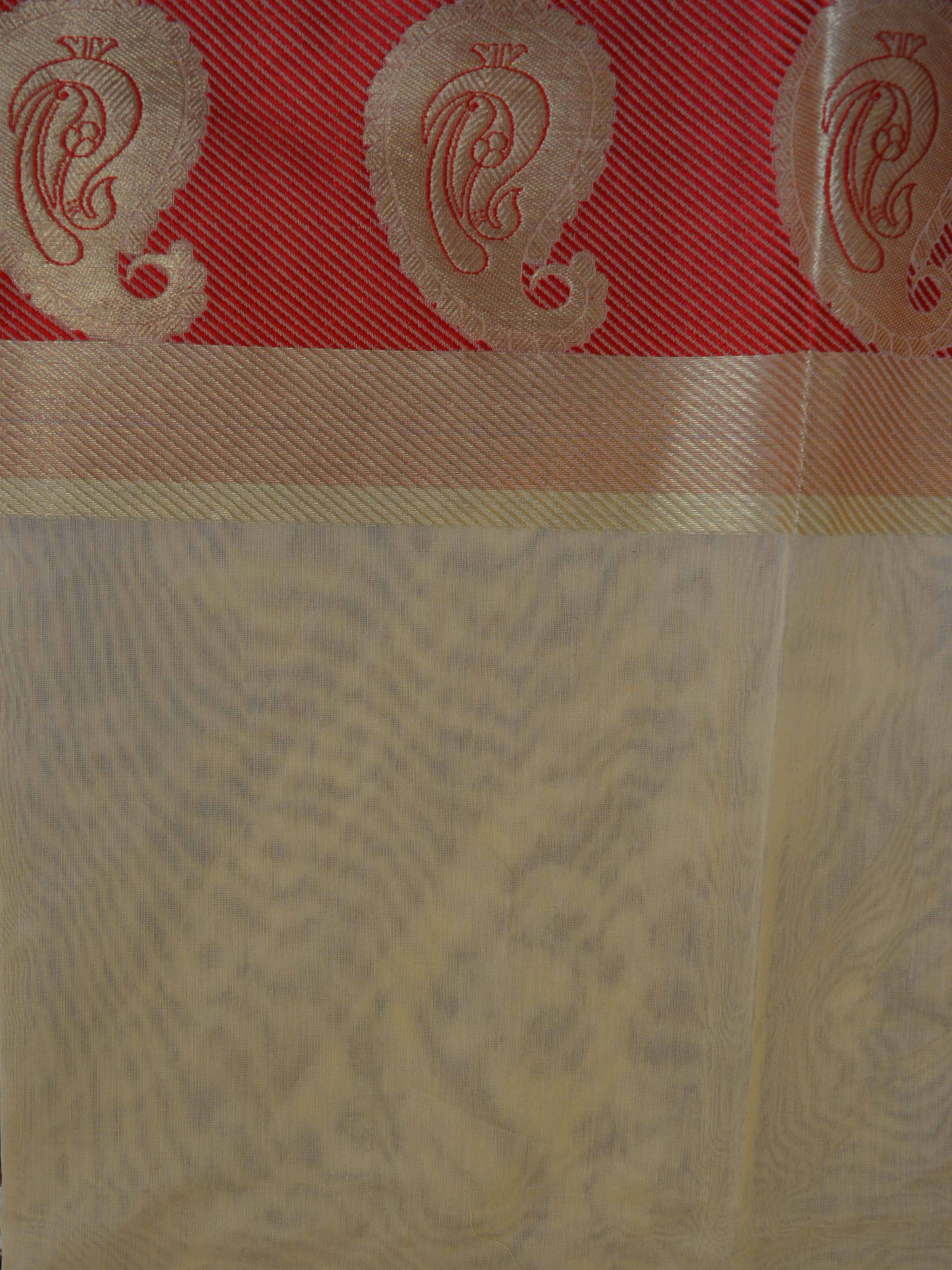 Banarasee Cotton Silk Saree With Contrast Peacock Red Resham Border-Beige