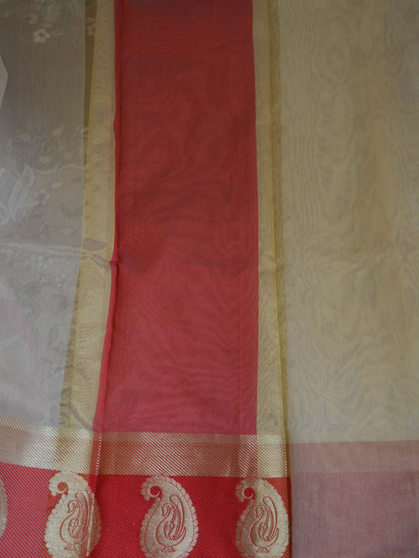 Banarasee Cotton Silk Saree With Contrast Peacock Red Resham Border-Beige