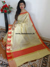 Banarasee Cotton Silk Saree With Contrast Peacock Red Resham Border-Beige