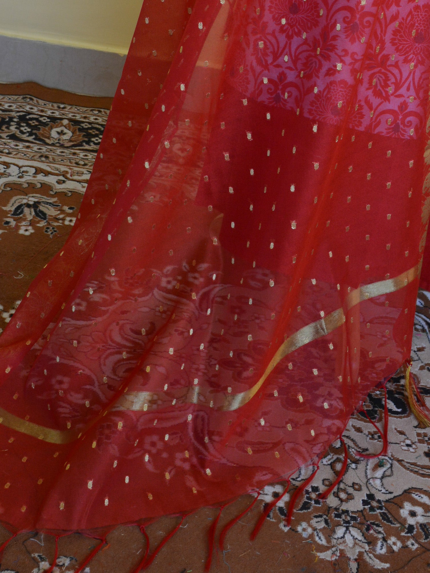 Banarasee Cotton Silk Printed Salwar Kameez Fabric With Red Zari Dupatta-Off White