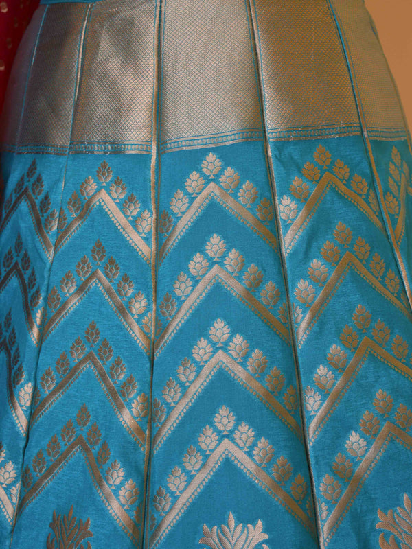 Banarasee Handwoven Art Silk Unstitched Lehenga & Blouse Fabric -Teal Green