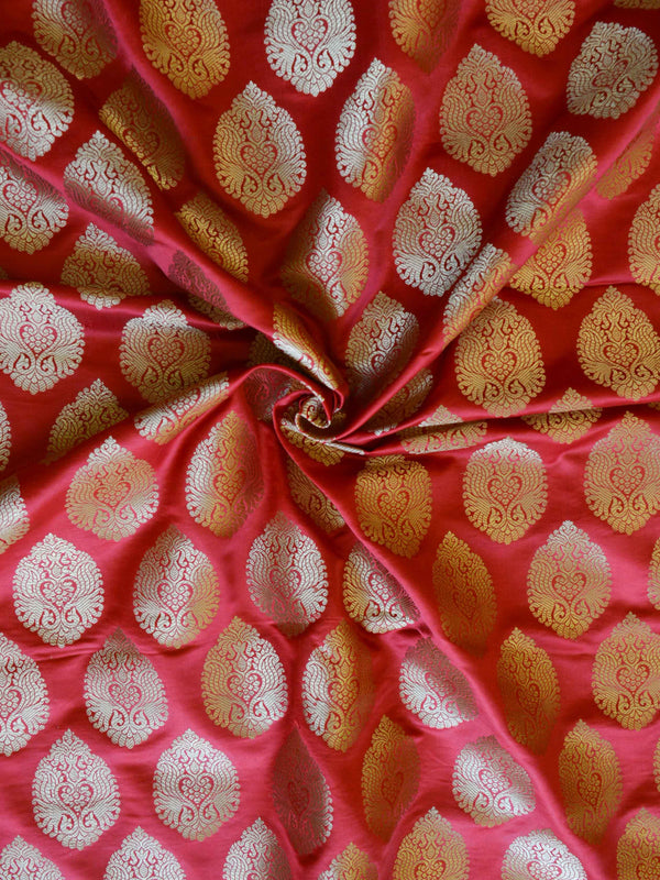 Banarasee Satin Brocade Antique Gold Zari Leaf Buti Design Fabric-Red