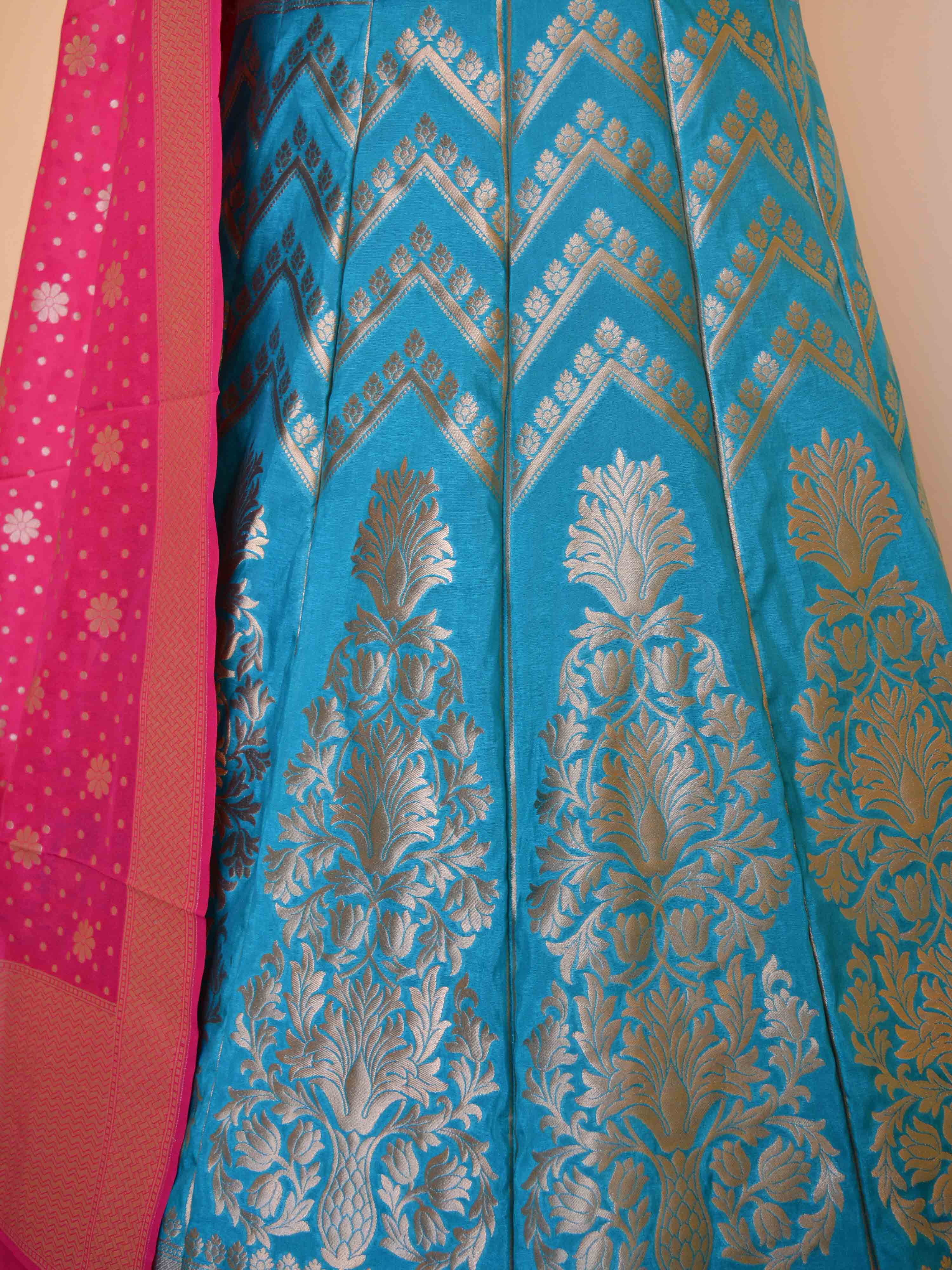 Banarasee Handwoven Art Silk Unstitched Lehenga & Blouse Fabric -Teal Green
