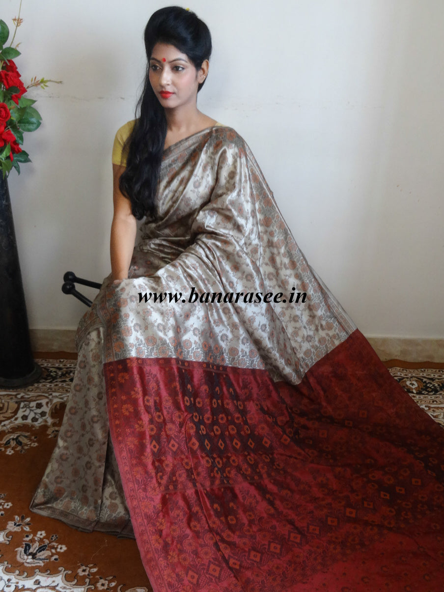Banarasee Art Silk Saree With Floral Woven Design Contrast Maroon Pallu-Beige
